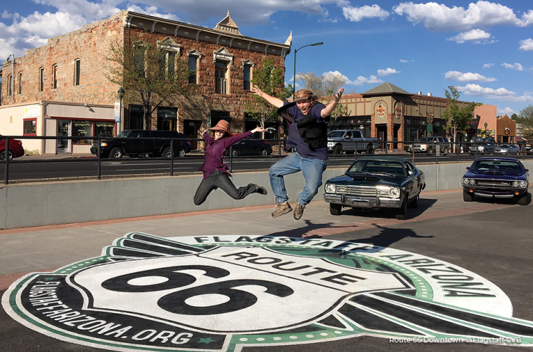 Route 66 logo w downtown Flagstaff Arizona