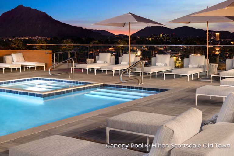 Canopy Pool with Camelback Mountain canopy by hilton scottsdale old town Scottsdale Arizona 14Jul21