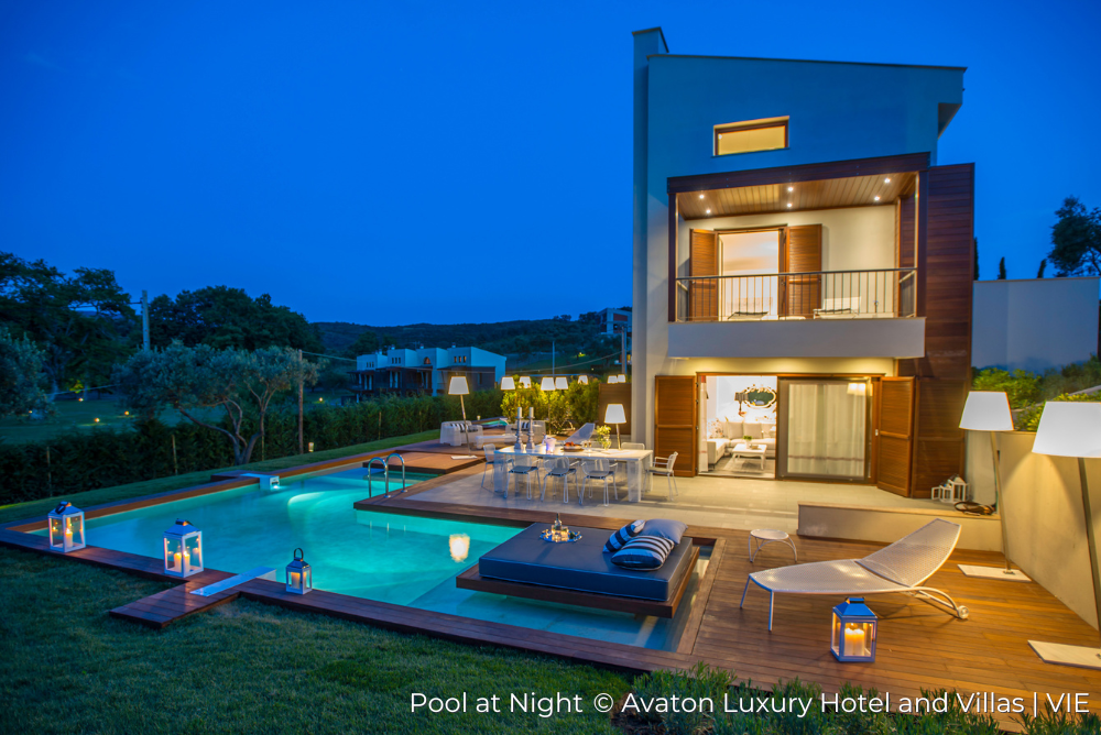 Pool at Night Avaton Luxury Hotel and Villas Greece Van Isacker Exclusive 22Aug22