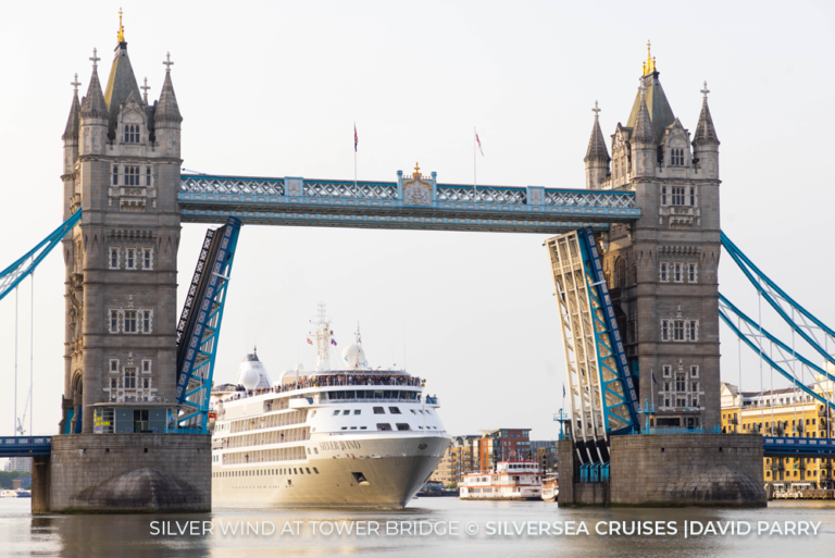 Silver Wind at Tower Bridge cc David PArry Silversea Cruises 13Apr23